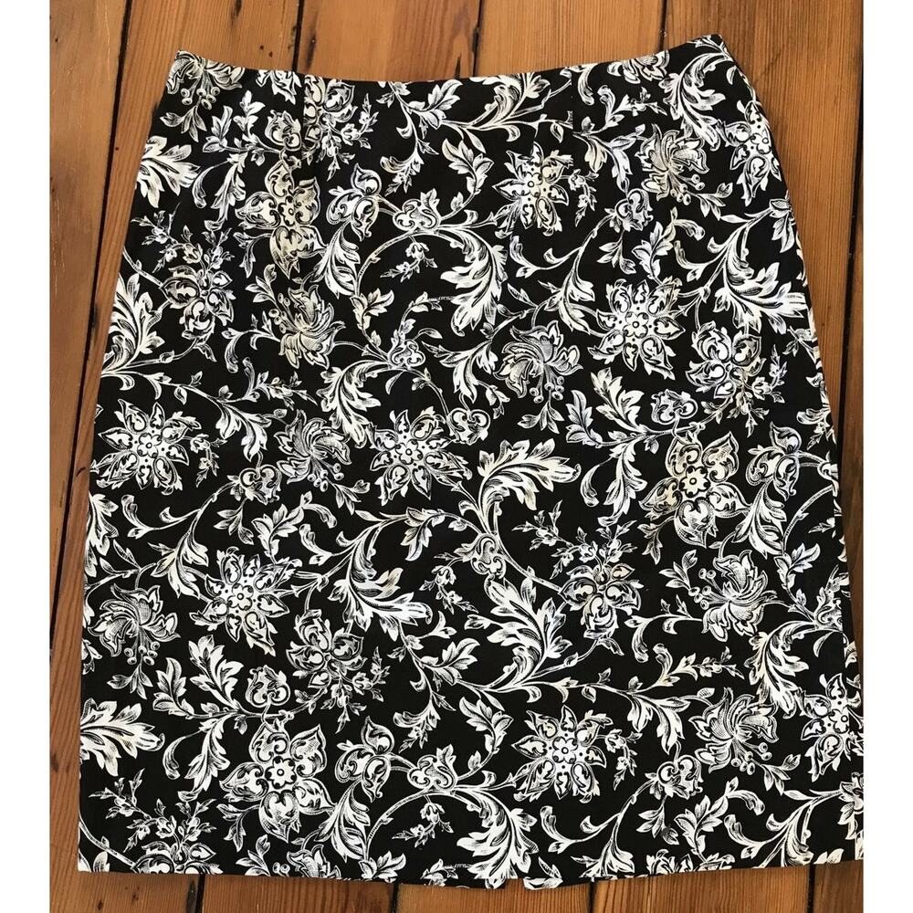 Talbots Black White Floral Paisley Lined Cotton Straight Pencil Work Skirt 12 32
